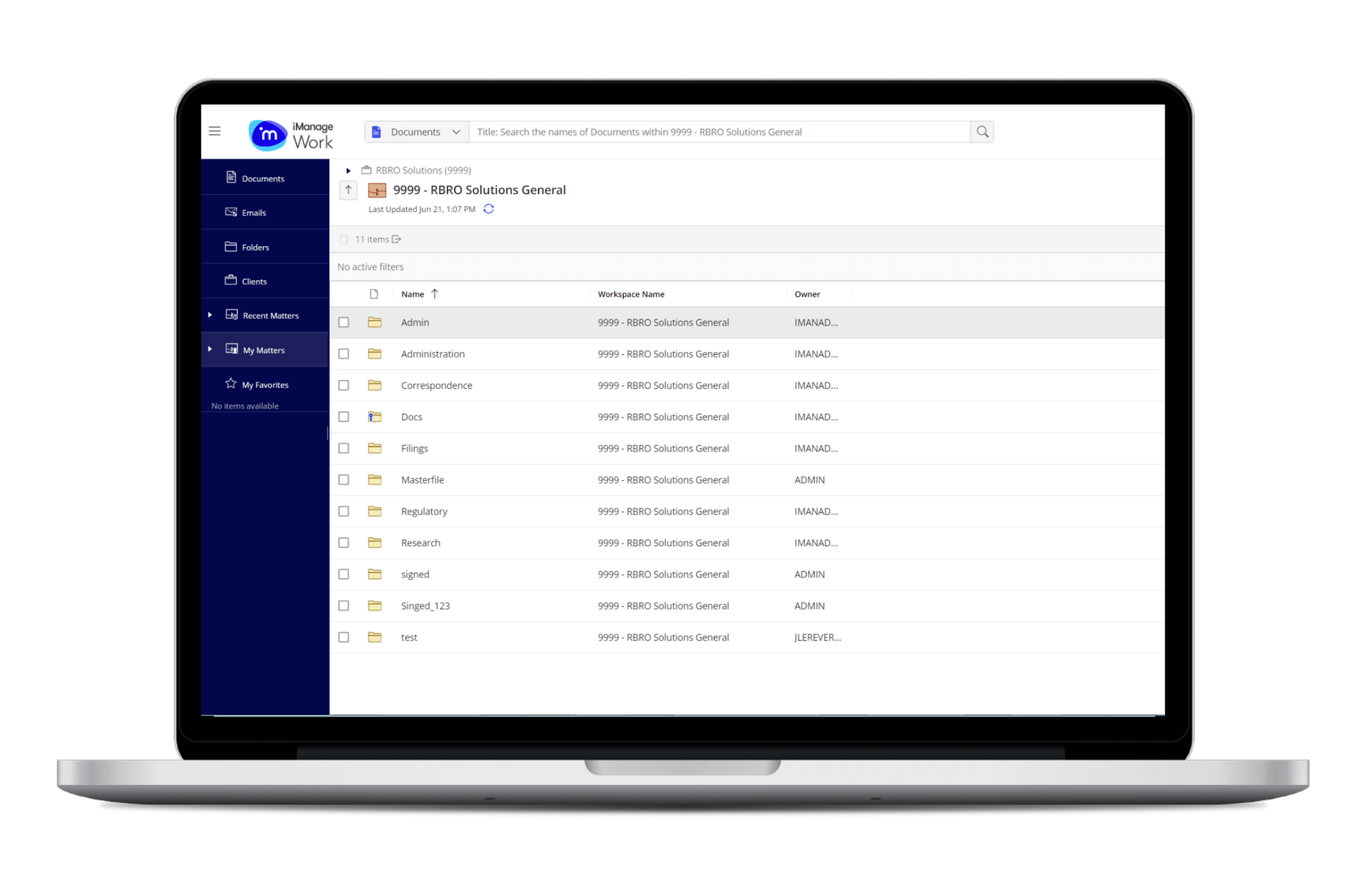 RBRO Solutions - Workspace Management - iManage - on laptop