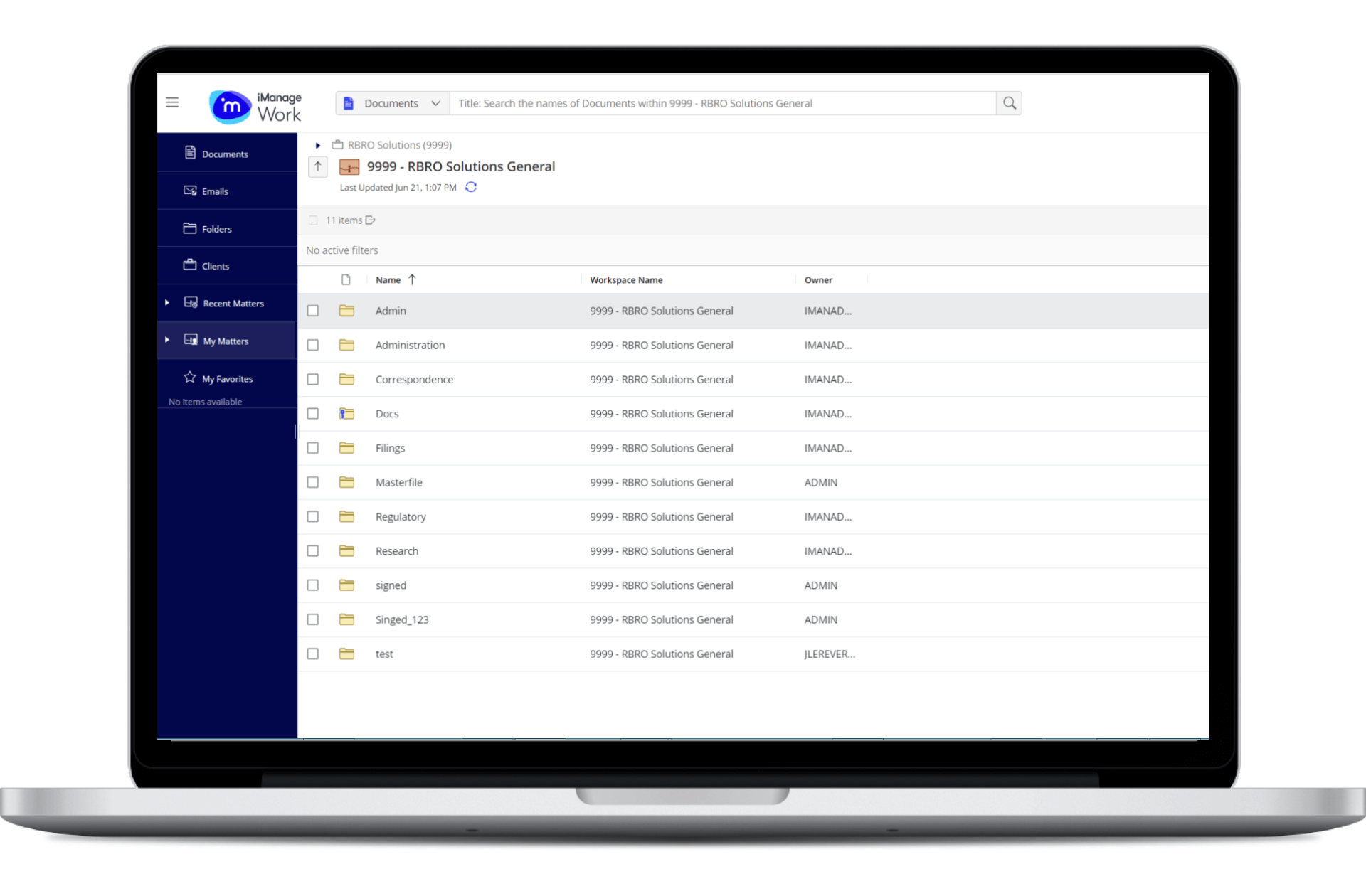 RBRO Solutions - Workspace Management - iManage Work - displayed on a laptop